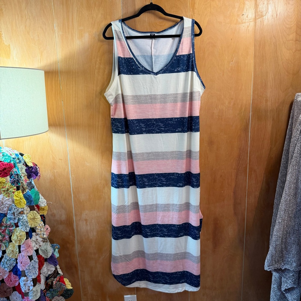 Shein Curve Womens 4XL Sleeveless Striped V-Neck Maxi Dress Navy Pink 21149502